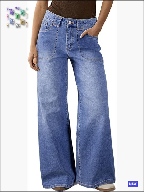 Denim - High Waisted Wide Leg Jeans Stretch Denim Pants Front Patch Pockets Retro Y2K